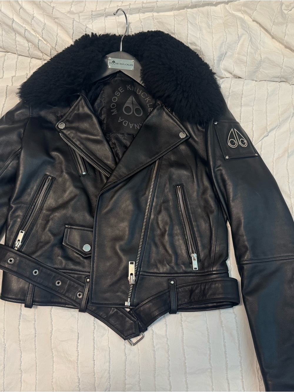 Moose Knuckles Black Leather Biker Jacket With Shearling Collar